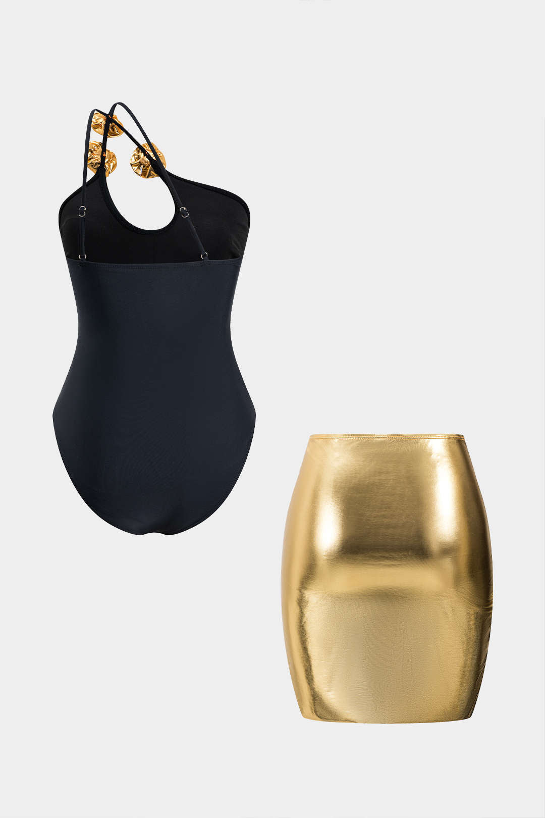 3D Flower Asymmetrical Swimsuit And Twist Knot Skirt Bikini Set