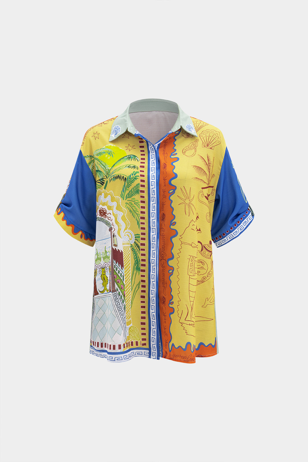 Abstract Print Tie-Up Short Sleeve Shirt And Pants Set