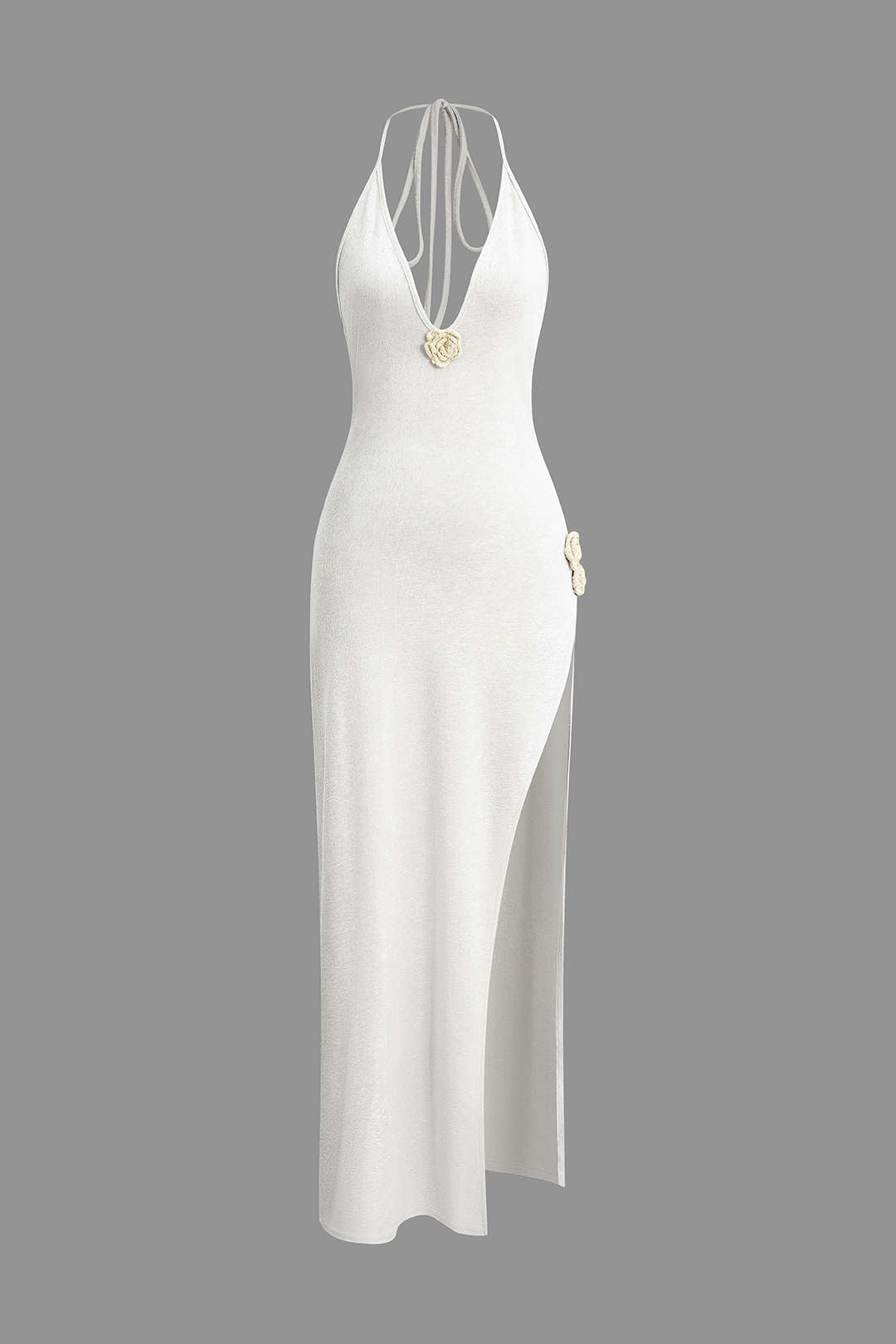 Maxi dress with 3D flowers and a V-neck without back and slit