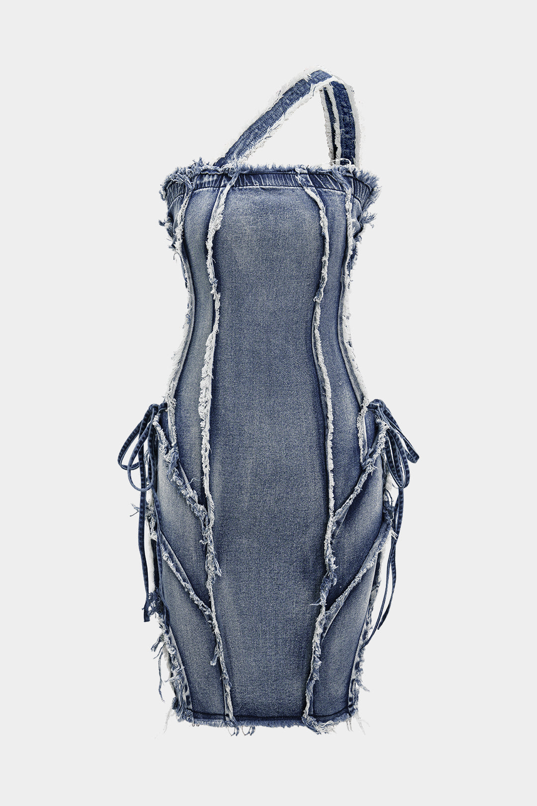 Asymmetric frayed denim mini dress