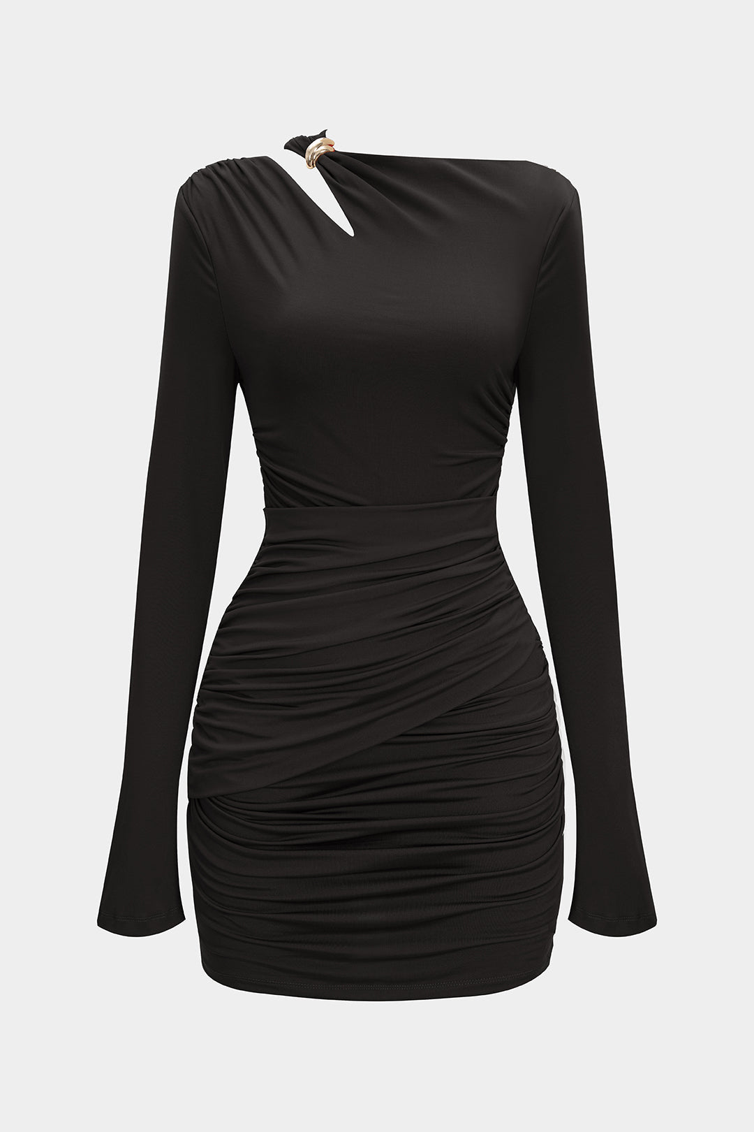 Asymmetrical Neck Ruched Long Sleeve Mini Dress