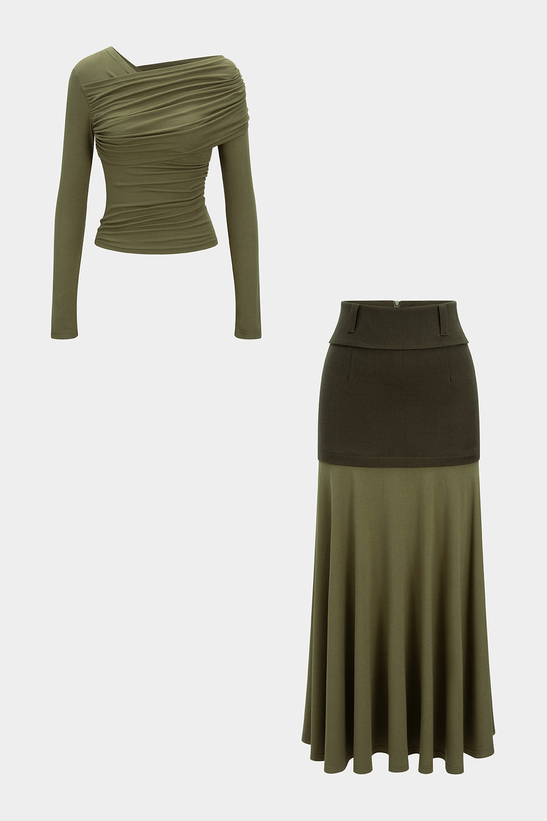 Asymmetrical Neck Ruched Long-Sleeve Top And Suede Patchwork Skirt Set