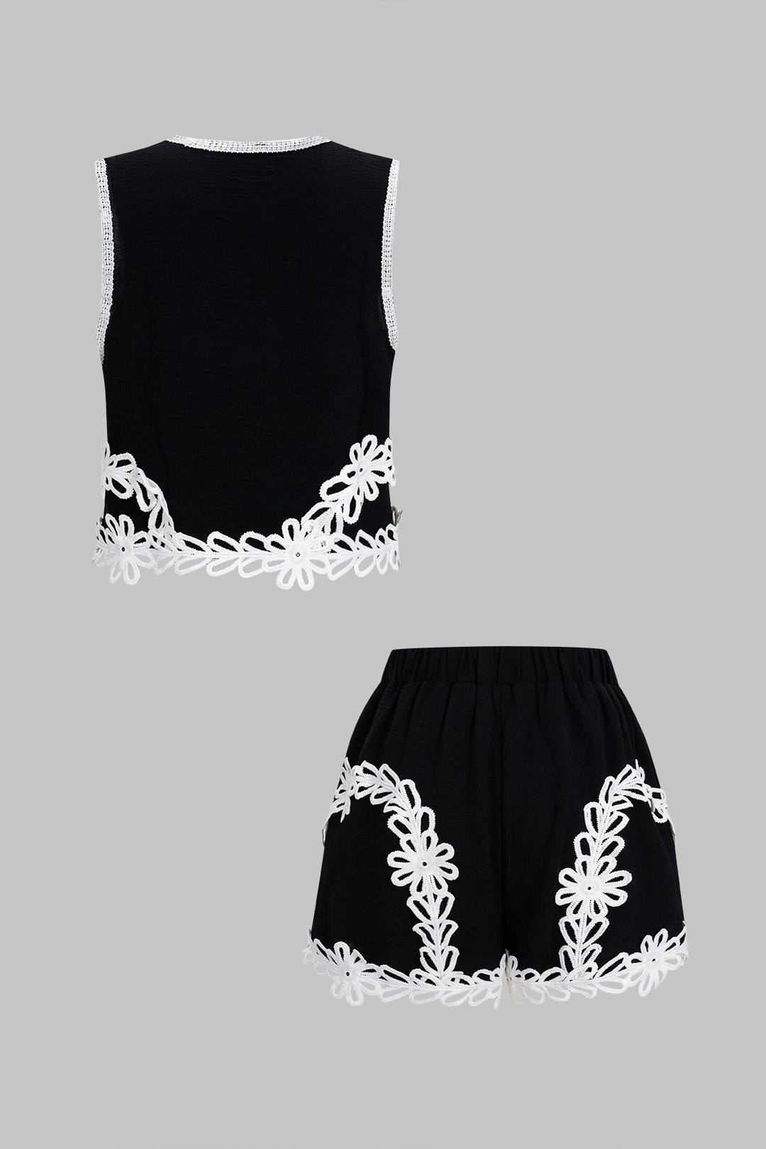 3D Floral Embroidery Contrast Vest And Shorts Set