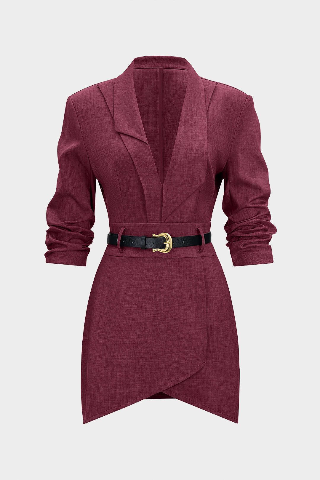 Asymmetrical Notched Lapel Belted Long Sleeve Mini Dress