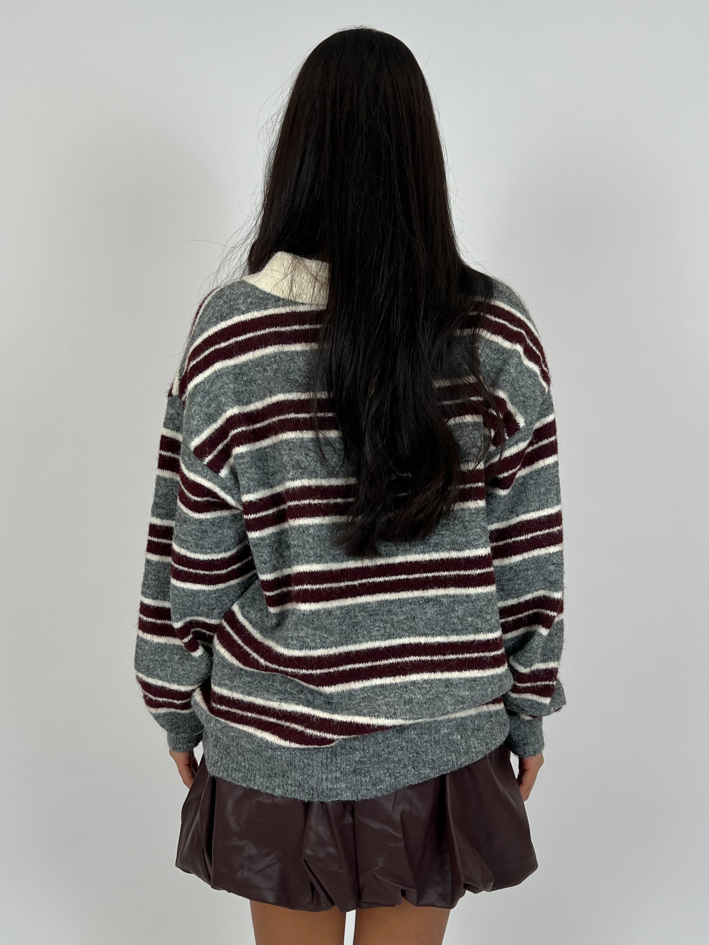 ULTRA SOFT STRIPED POLO KNIT GRAY/BORDEAUX