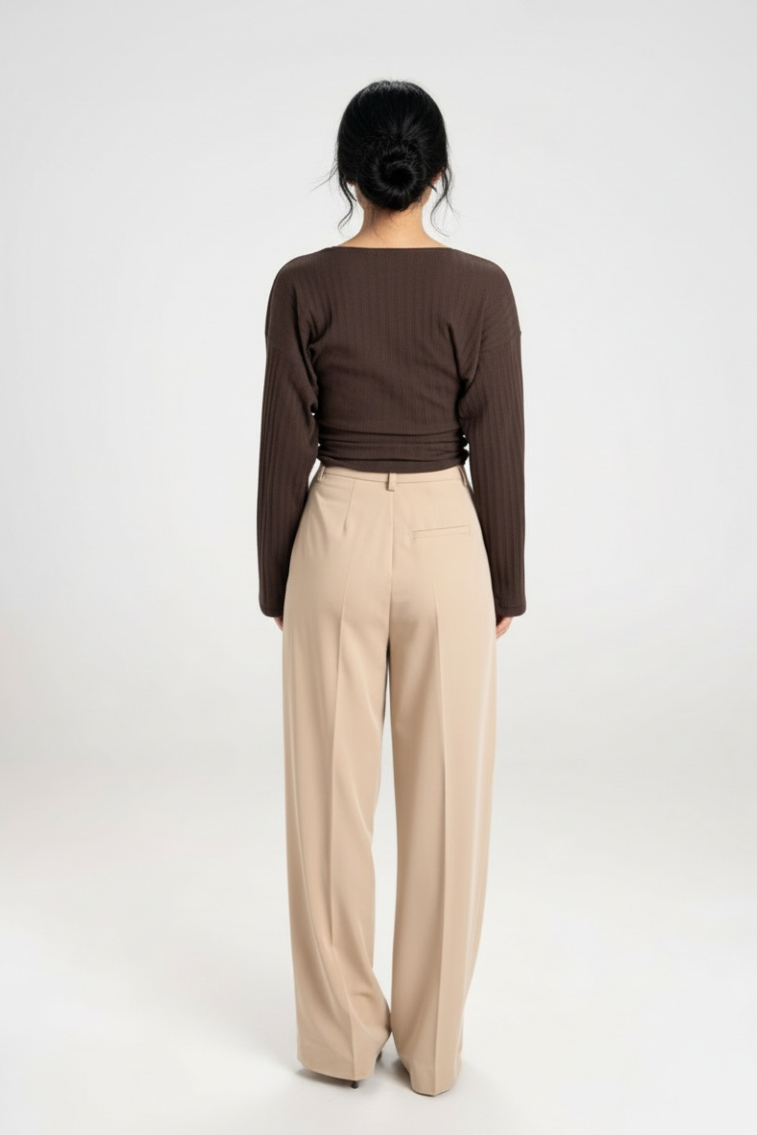 Women’s Cotton Ruched Waist Knit Top – Slim Fit with Flared Sleeves and Ribbed Texture