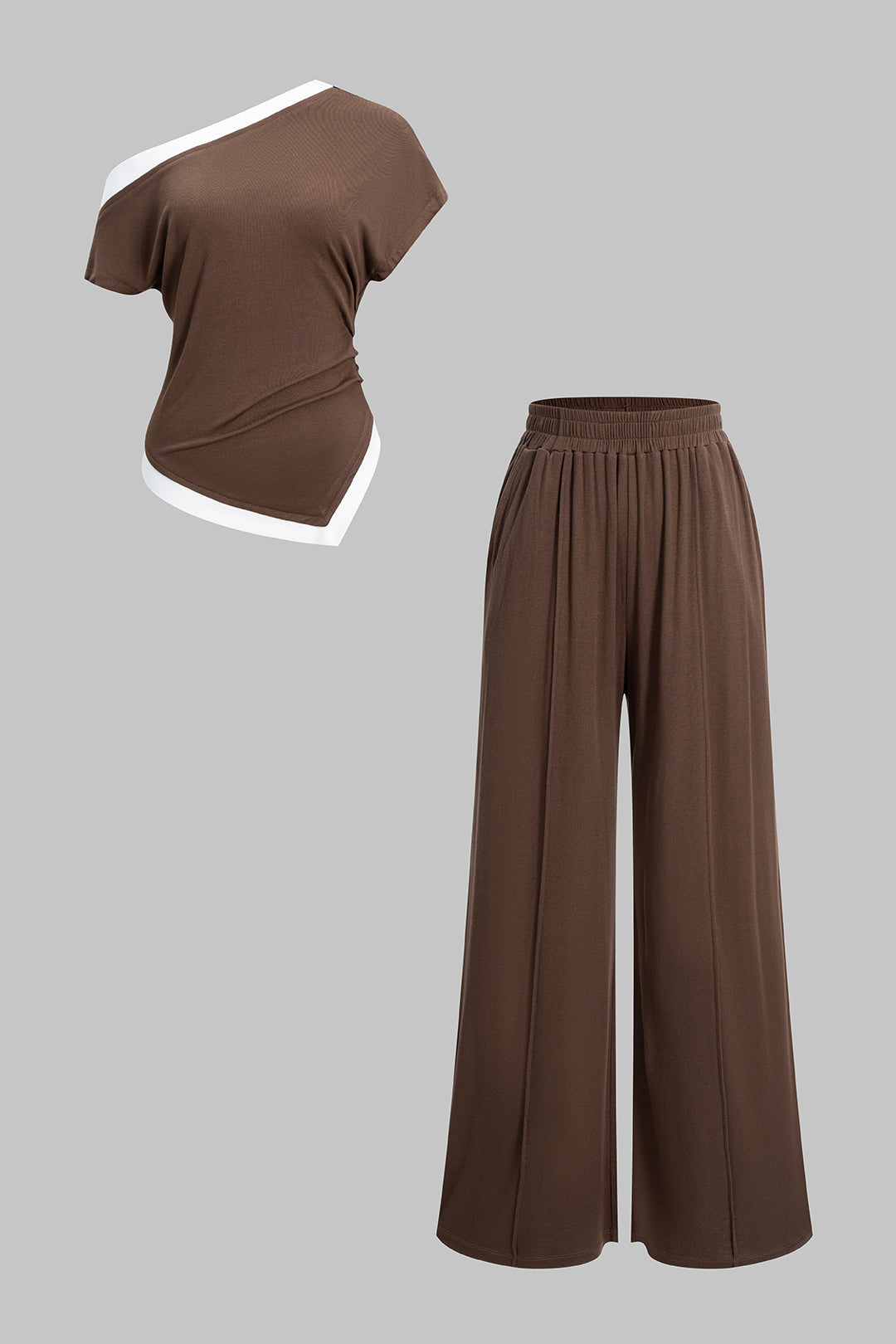 Asymmetrical Ruched Short-Sleeve Top And Shirred Waistband Pants Set