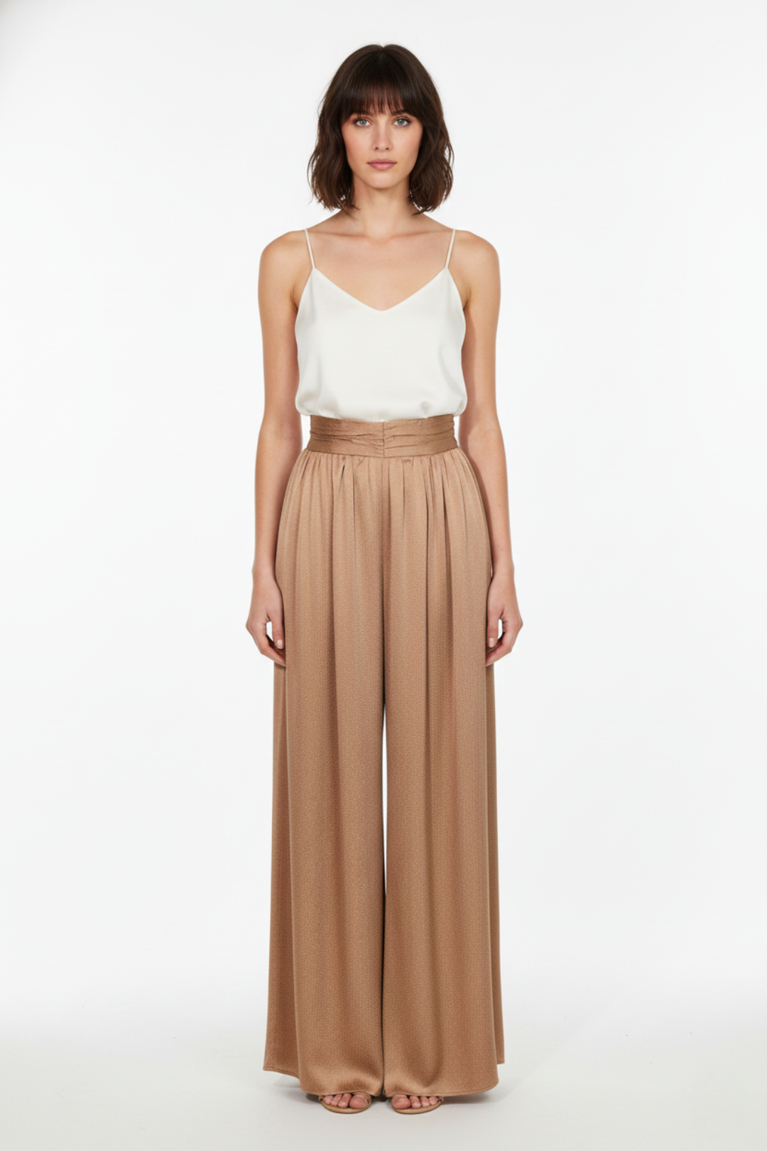 Basic heavy satin trousers with high waist and wide legs