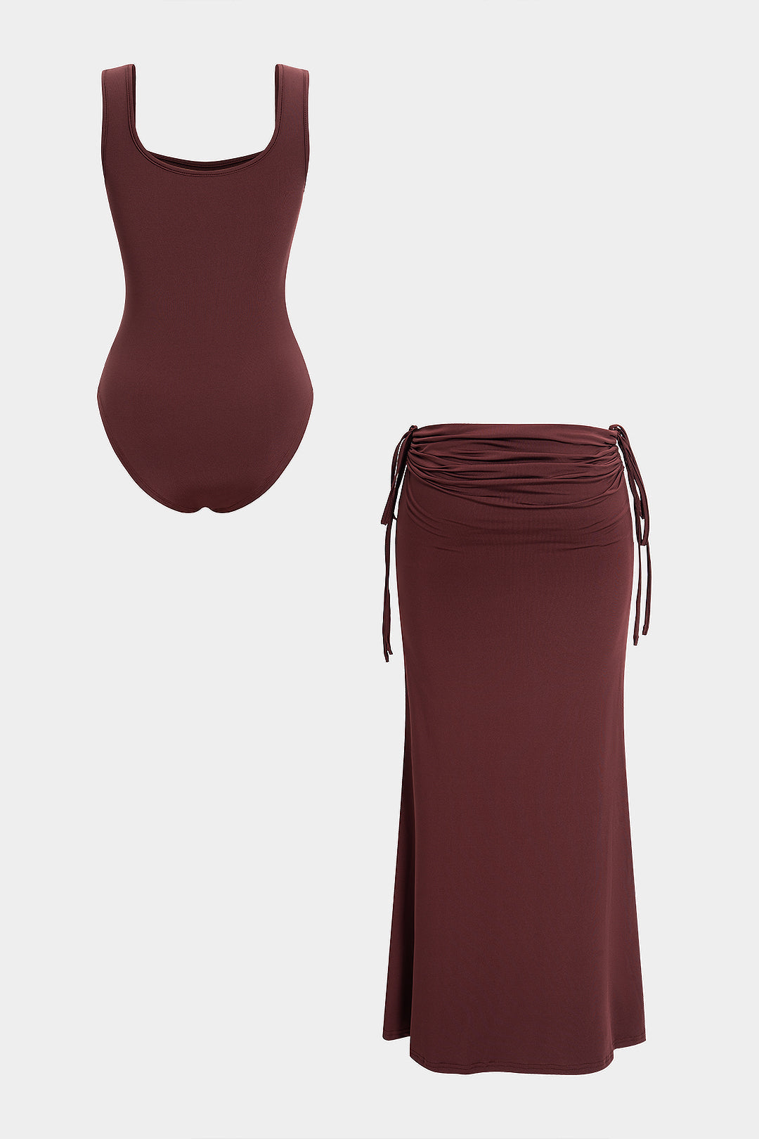 Basic Sleeveless Bodysuit And Drawstring Strappy Side Split Skirt Set