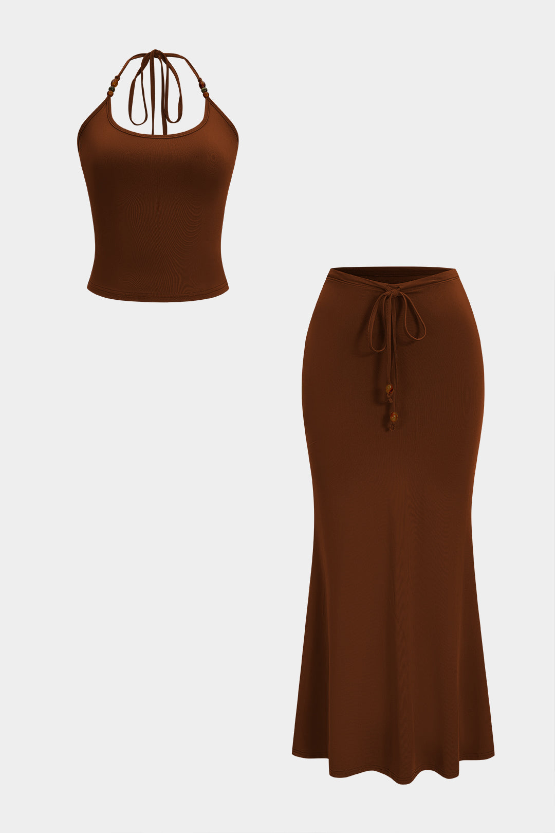 Beaded Backless Tie-Up Halter Neck Tank Top and Drawstring Skirt Set