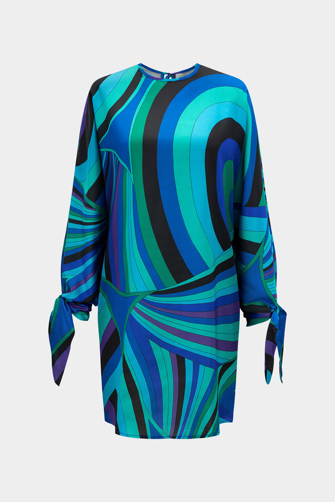 Abstract Color Block Print Tie-Up Long Sleeve Mini Dress