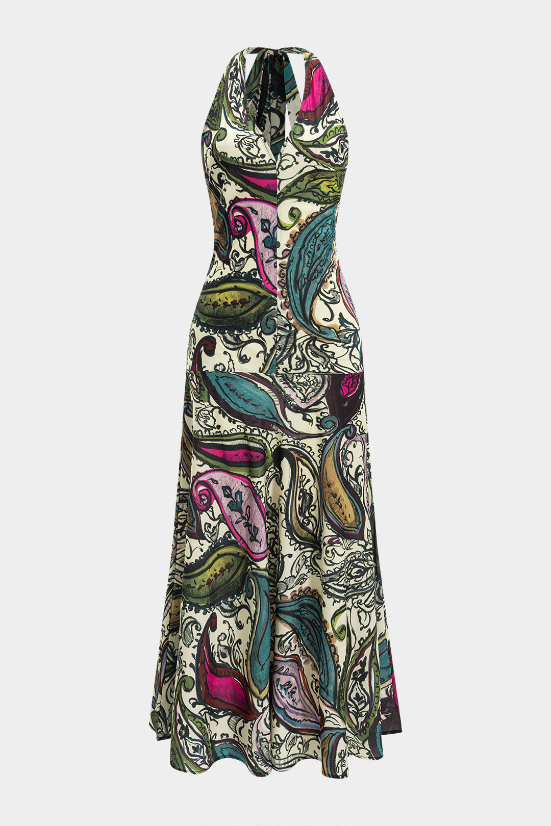 Abstract Print Chiffon Halter Neck Tie-Up Backless Sleeves Maxi Dress