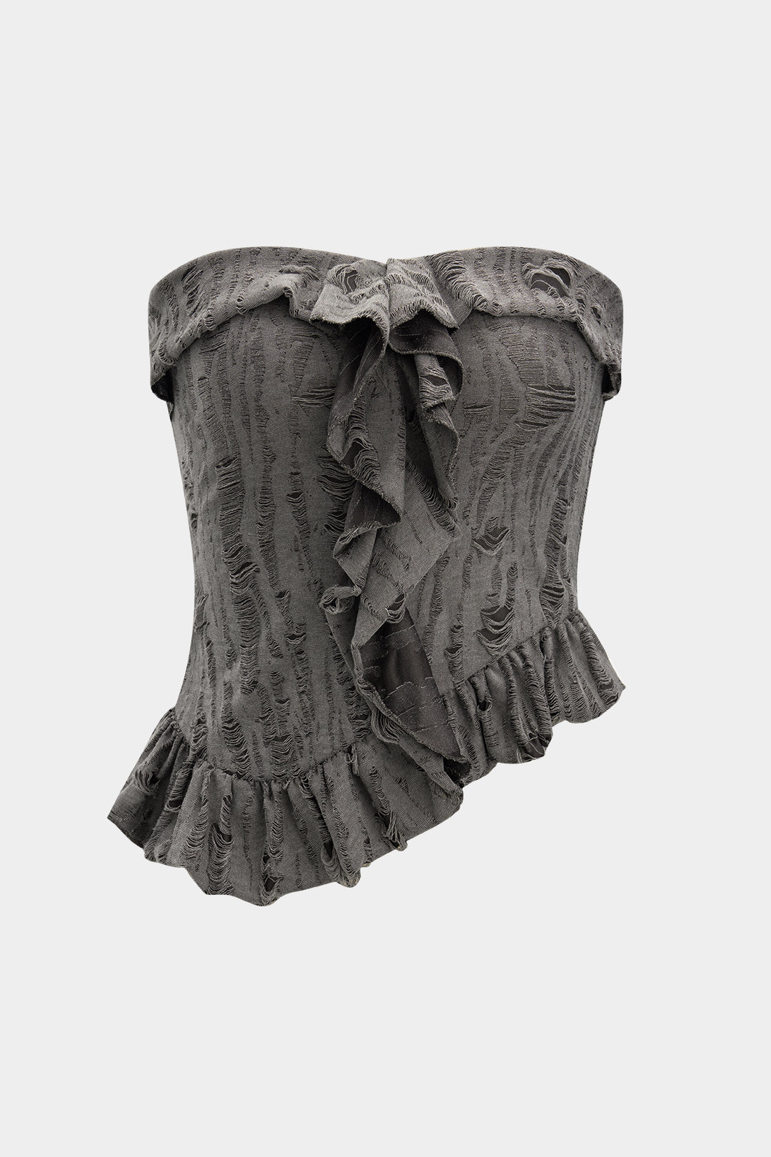 Asymmetric ripped strapless ruffle tube top
