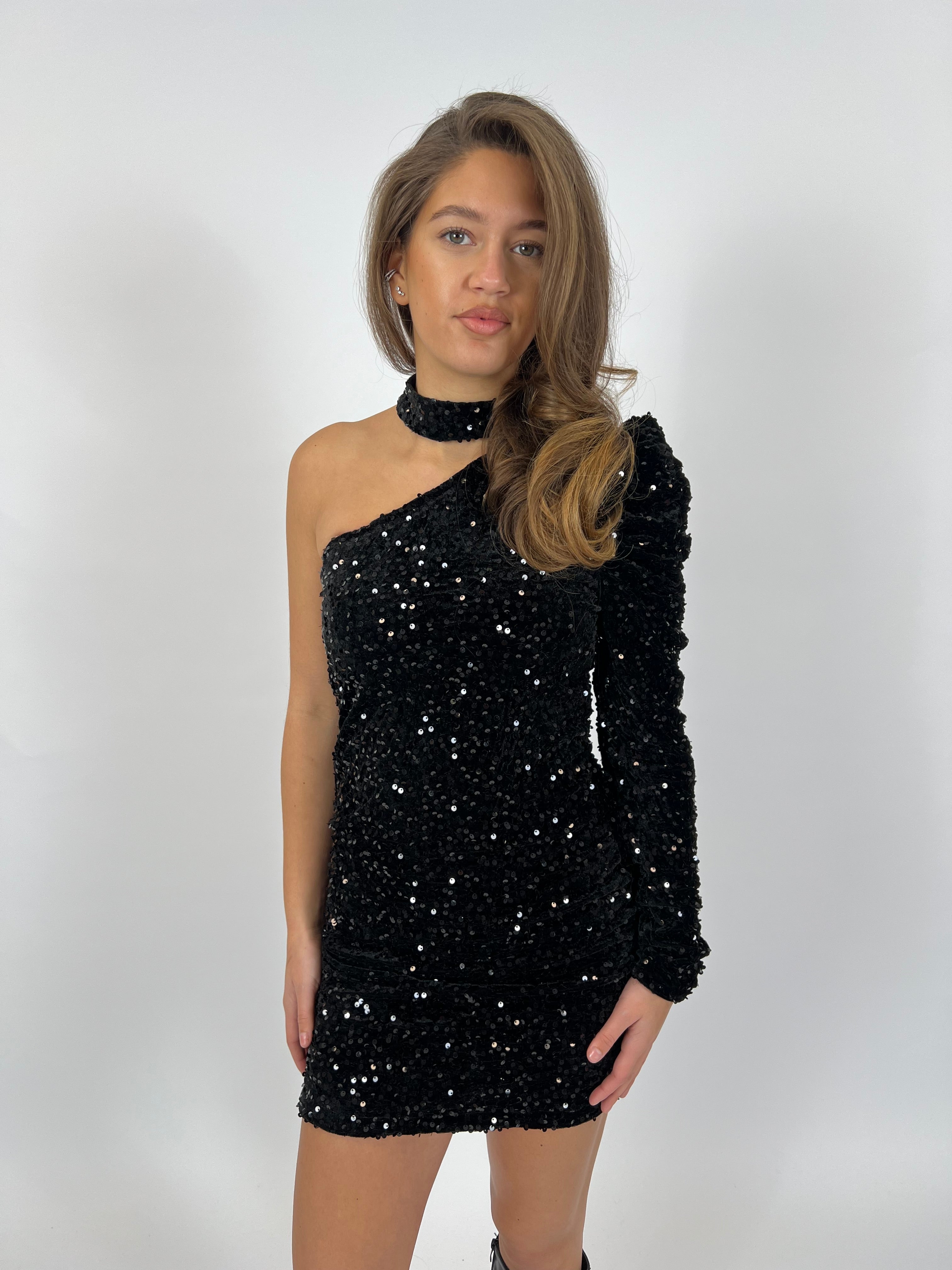 ONE SHOULDER SEQUIN DRESS BLACK