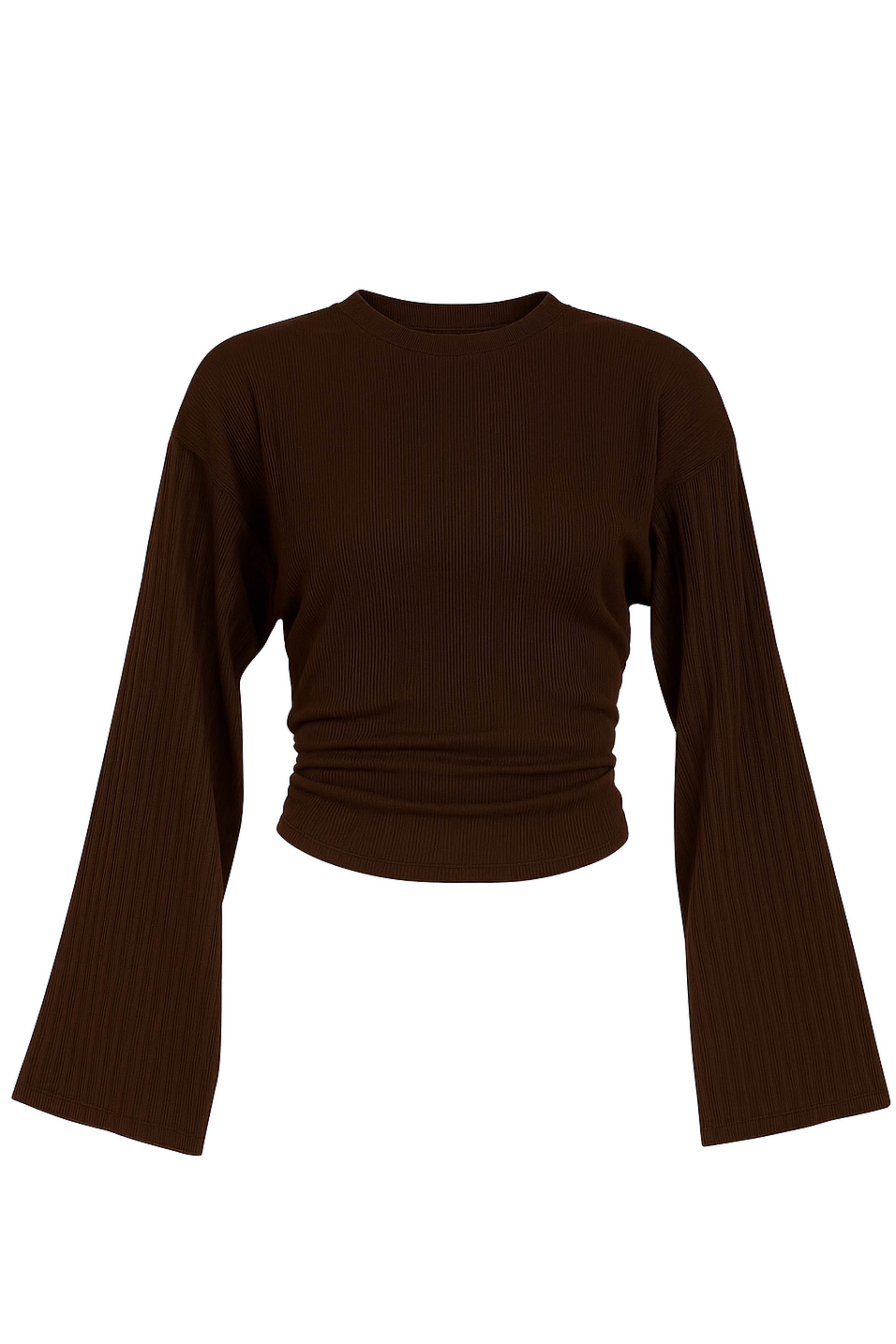 Women’s Cotton Ruched Waist Knit Top – Slim Fit with Flared Sleeves and Ribbed Texture