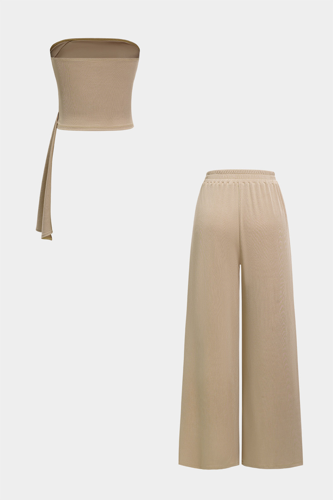 Asymmetric ruffle tube top and high-waisted pants set