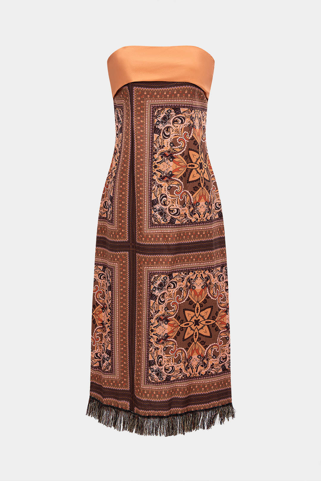 Bohemian Print Satin Fringe Trim Strapless Sleeveless Midi Dress