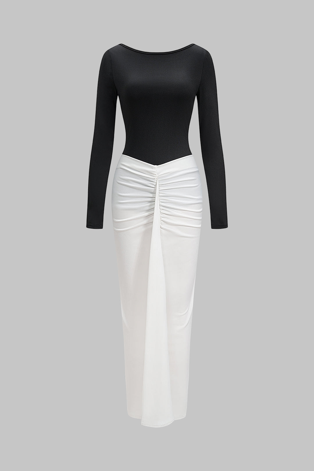 Boat Neck Contrast Backless Ruched Long Sleeve Maxi Dress