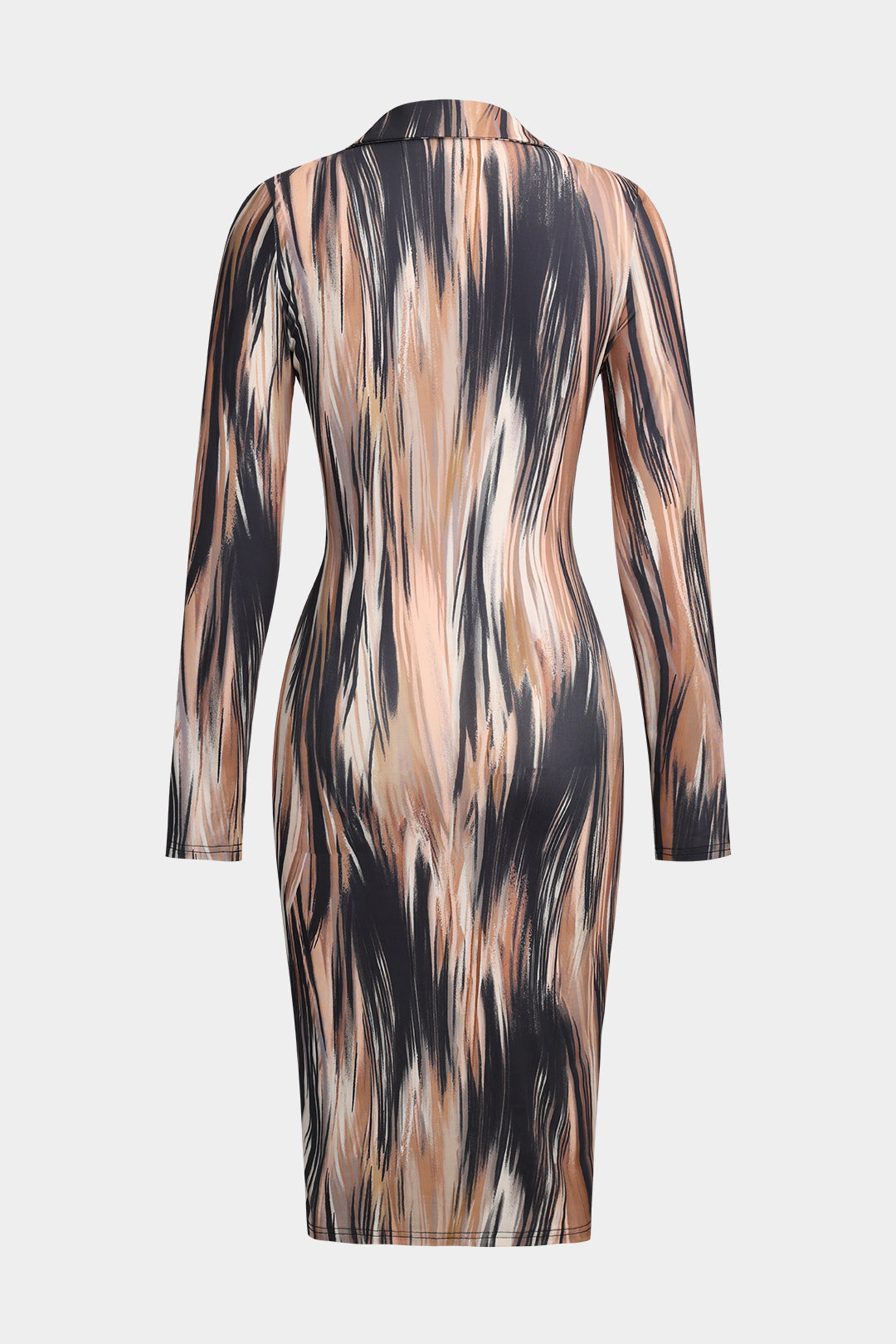 Abstract Contrast Print Button Ruched Long-Sleeve Midi Dress