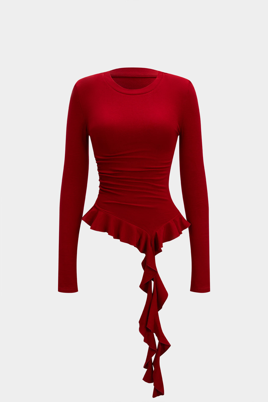 Women's Ruched Peplum Top – Asymmetric Ruffle Hem Long Sleeve