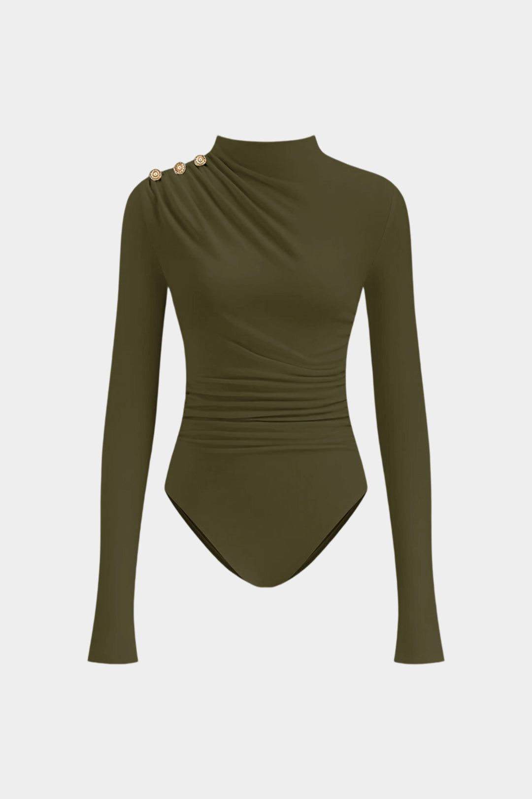Asymmetrical Button Ruched Long Sleeve Bodysuit