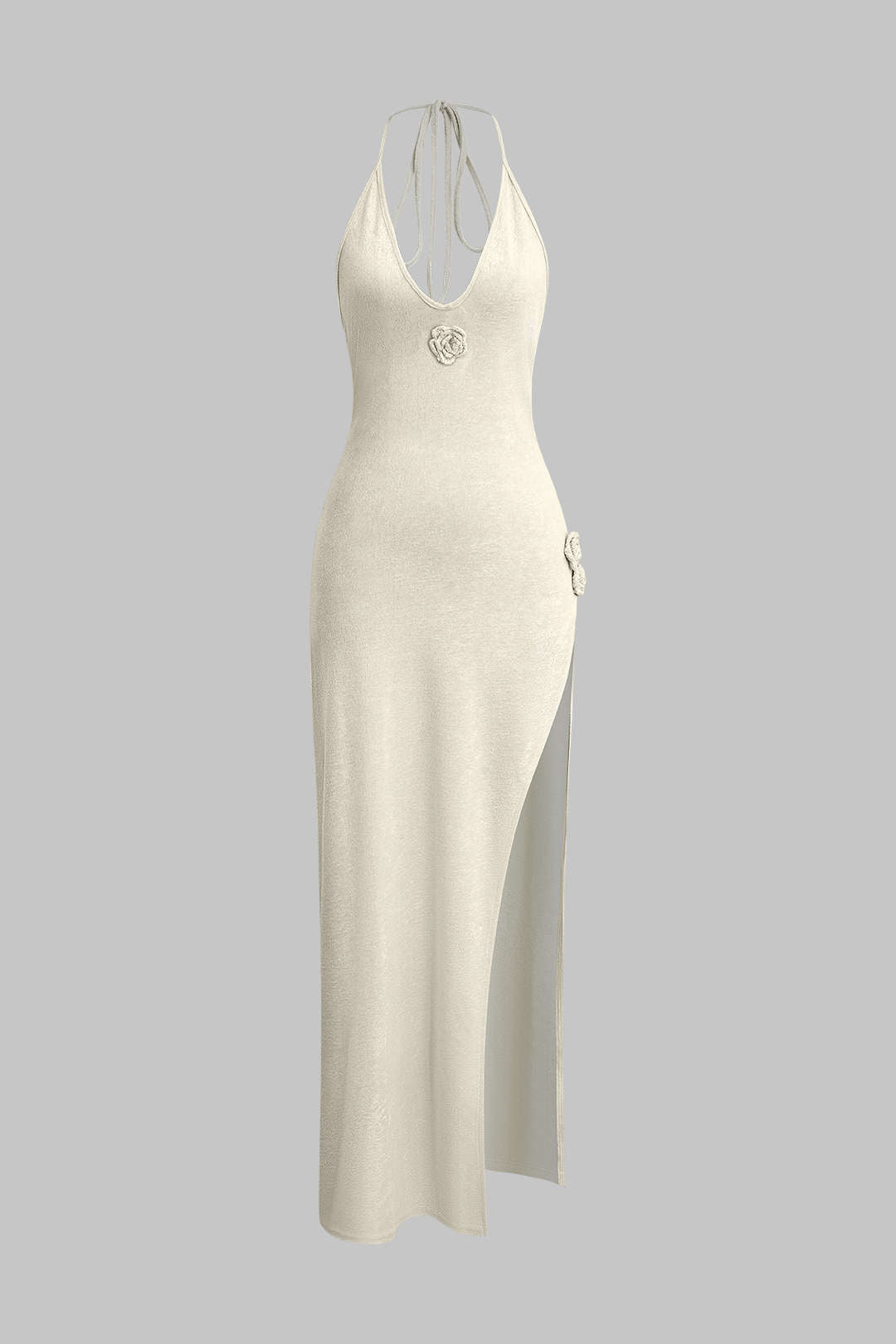 Maxi dress with 3D flowers and a V-neck without back and slit