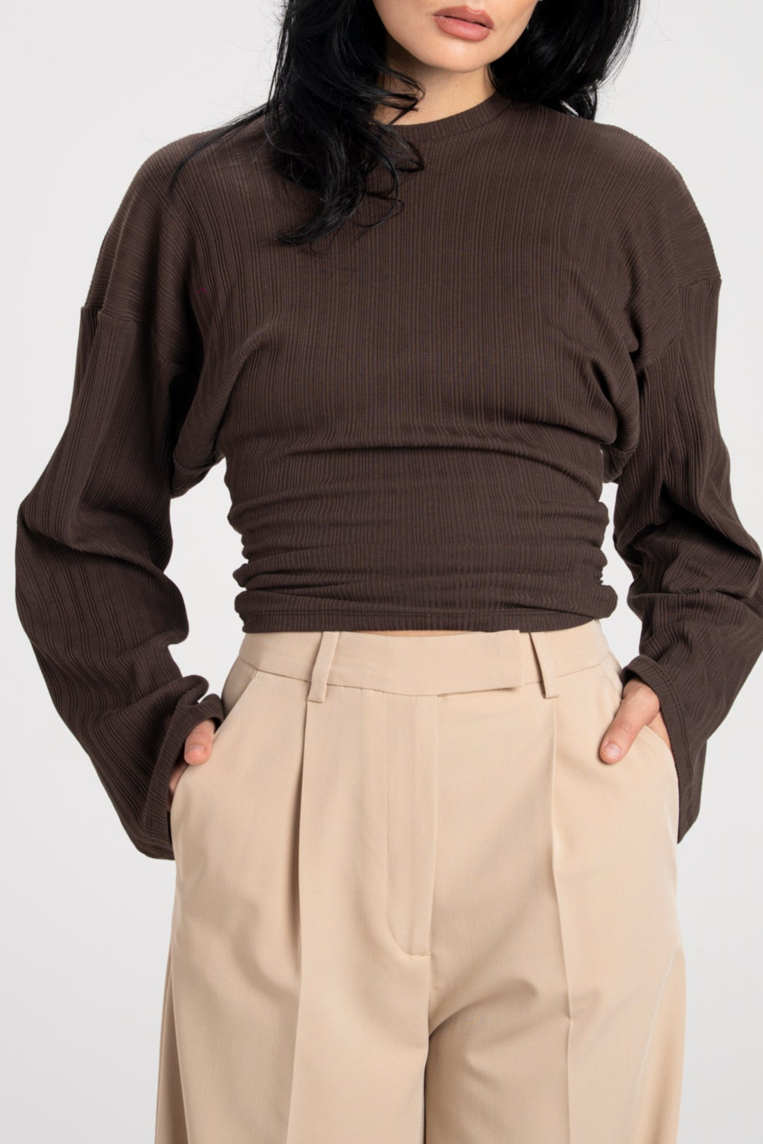 Women’s Cotton Ruched Waist Knit Top – Slim Fit with Flared Sleeves and Ribbed Texture