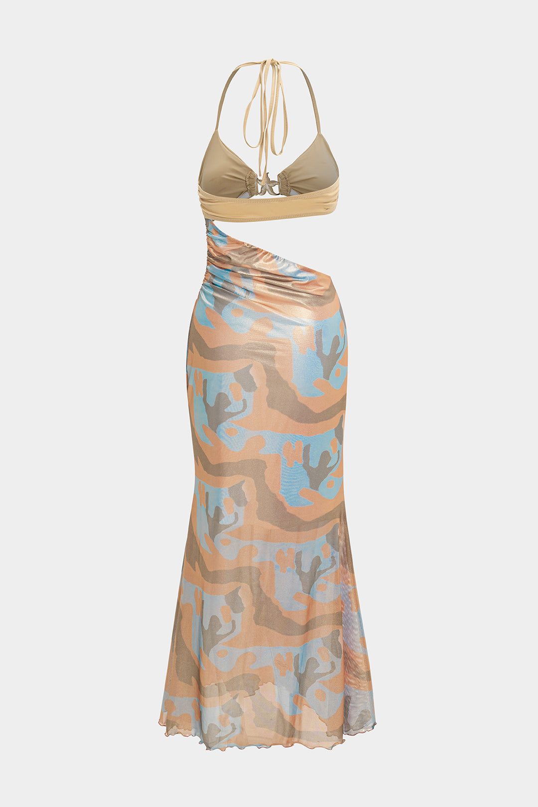 Abstract Print Satin Tie-Up Halter Neck Cut Out Sleeveless Maxi Dress