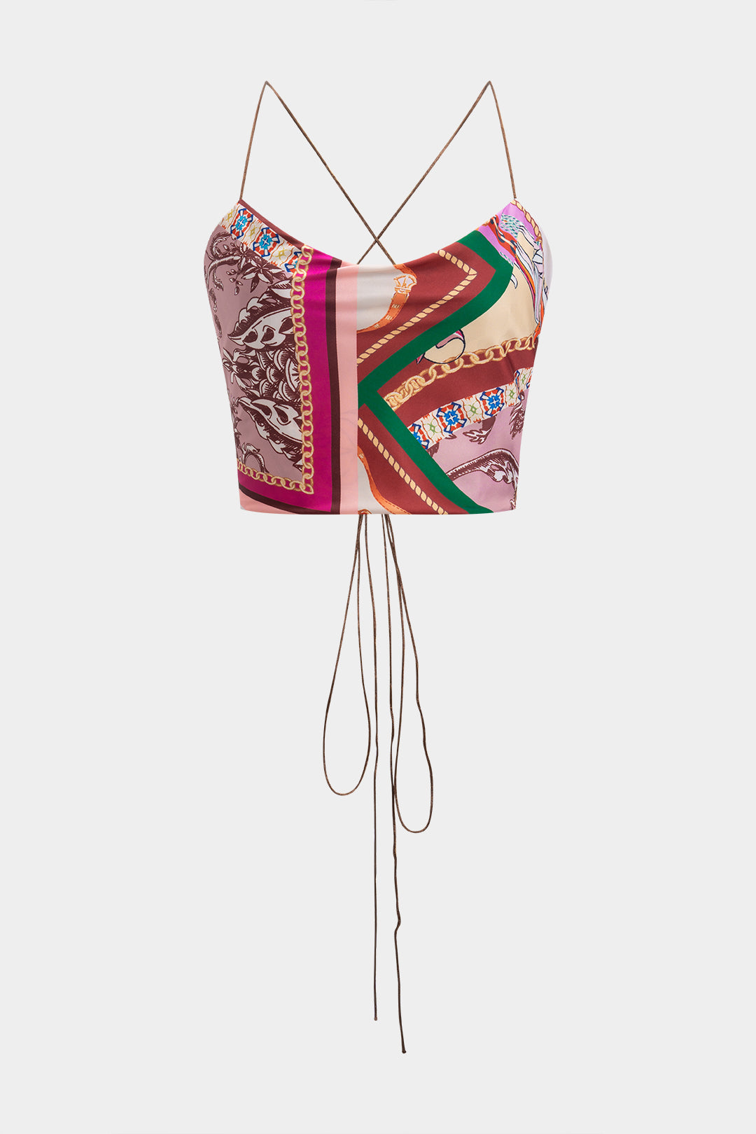 Abstract print backless tie-up top and pants set