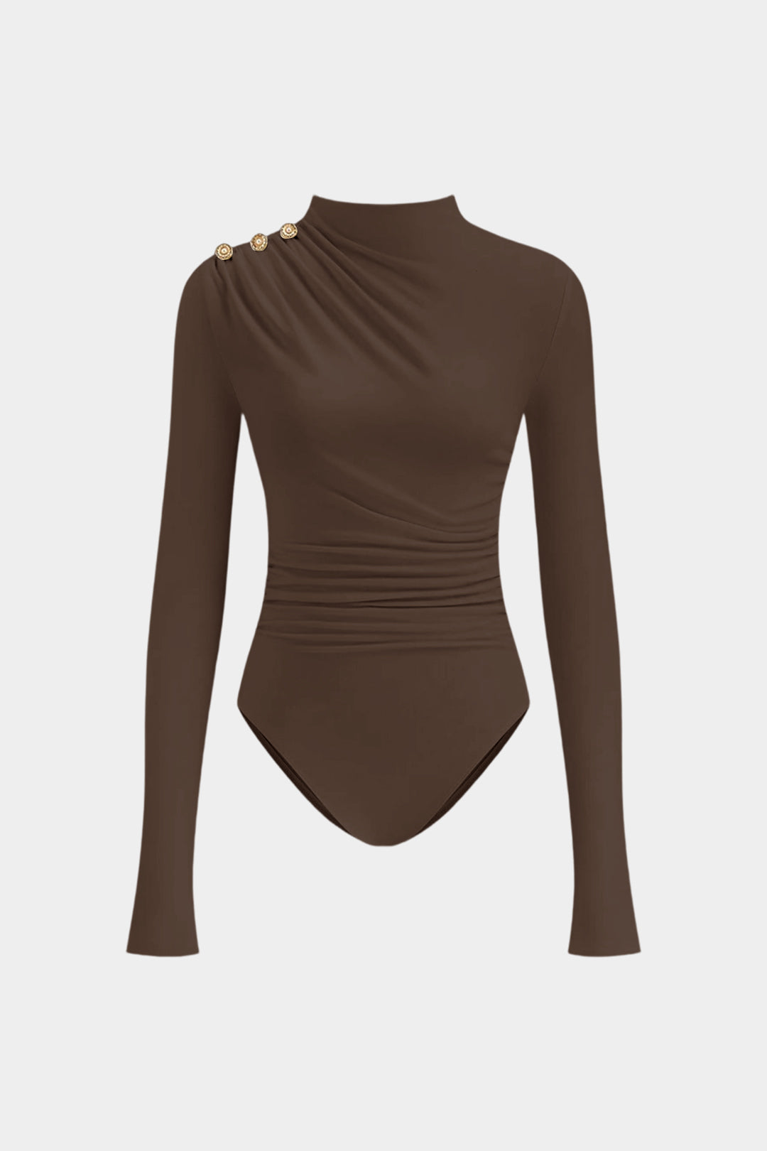 Asymmetrical Button Ruched Long Sleeve Bodysuit