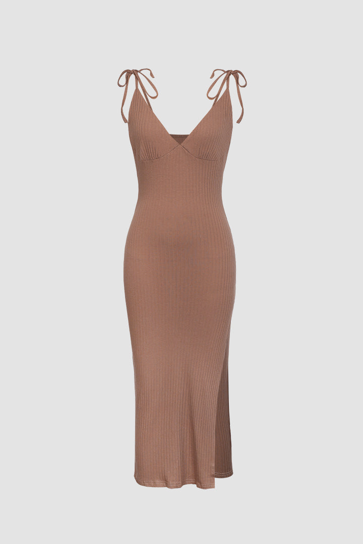 Bow Strap Ribbed Slit Midi Dress