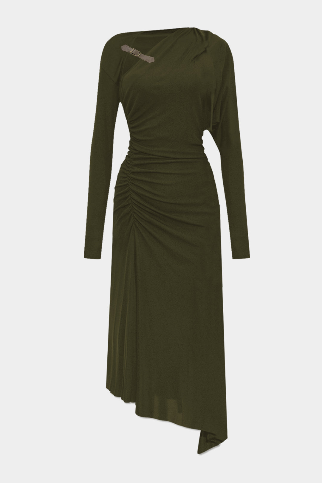 Asymmetrical Ruched Long Sleeve Midi Dress