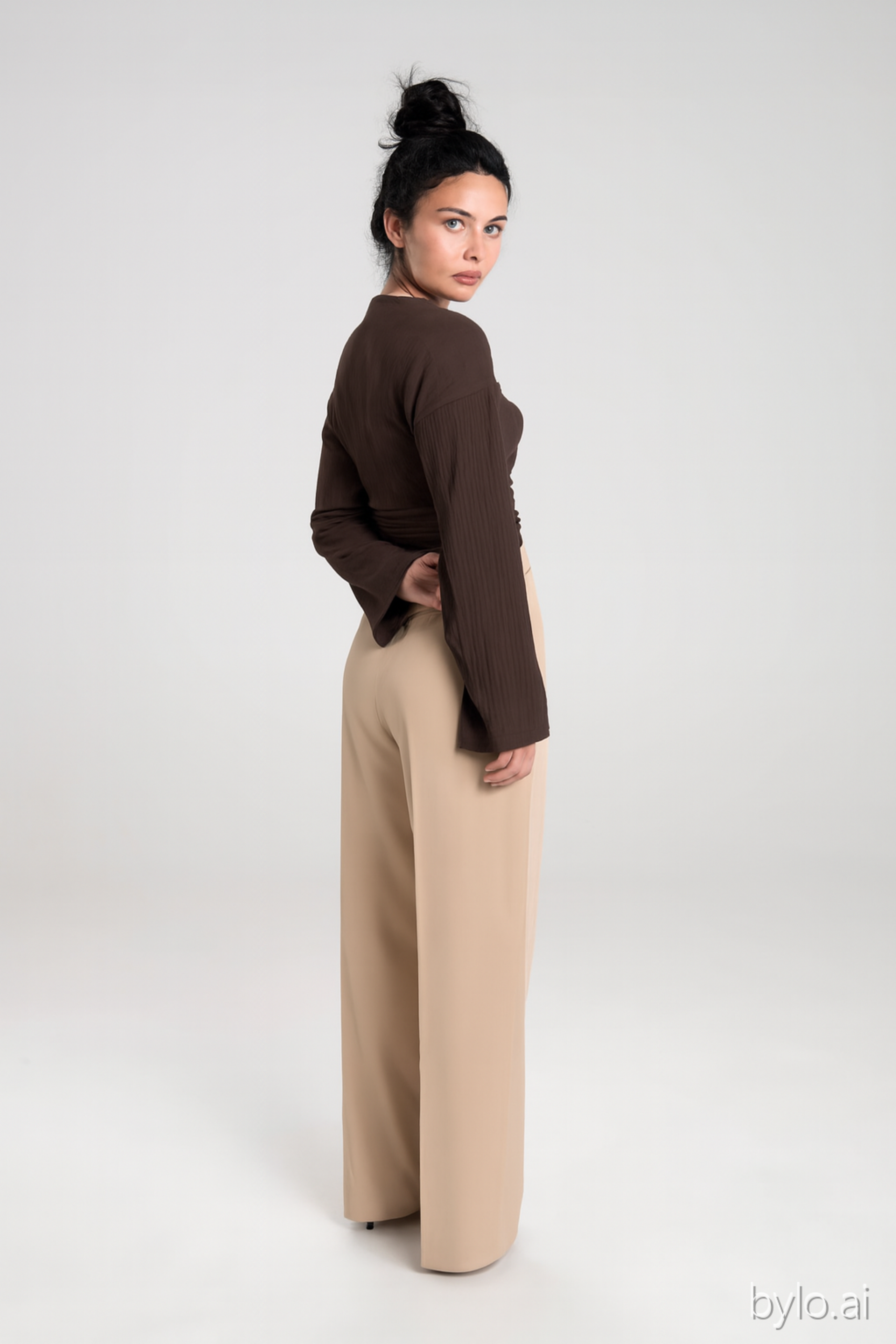 Women’s Cotton Ruched Waist Knit Top – Slim Fit with Flared Sleeves and Ribbed Texture