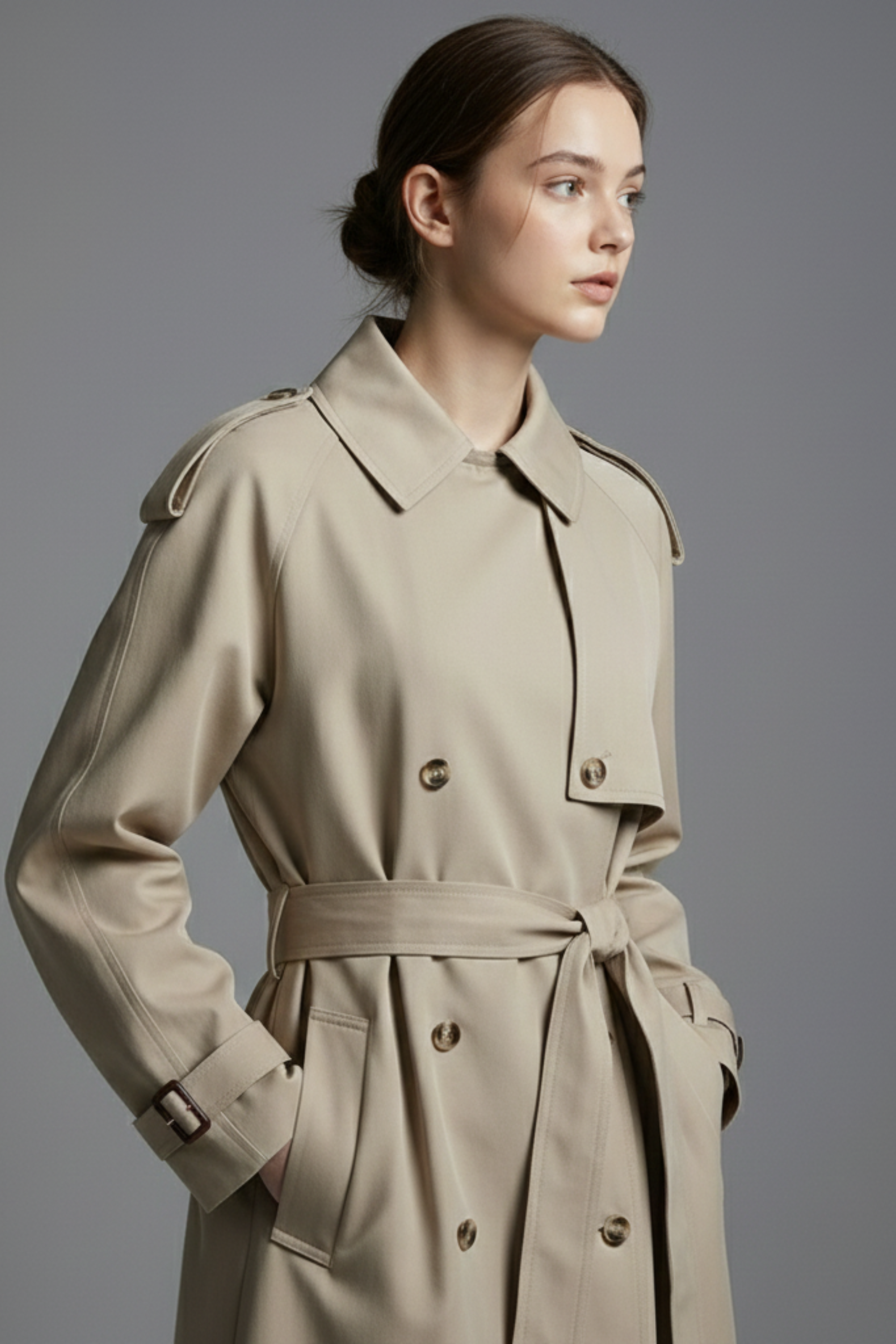 Women’s Greige Classic Long Trench Coat – Timeless, Water-Resistant Outerwear