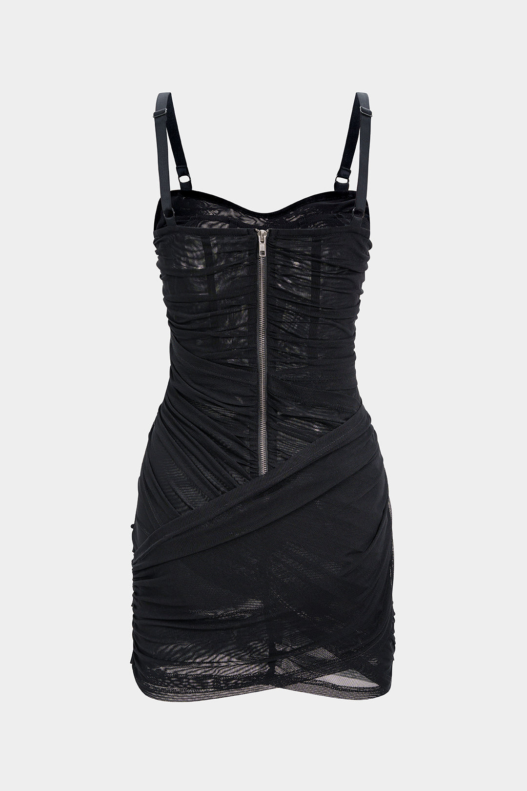 Asymmetrical Ruched Mesh Sleeveless Mini Dress