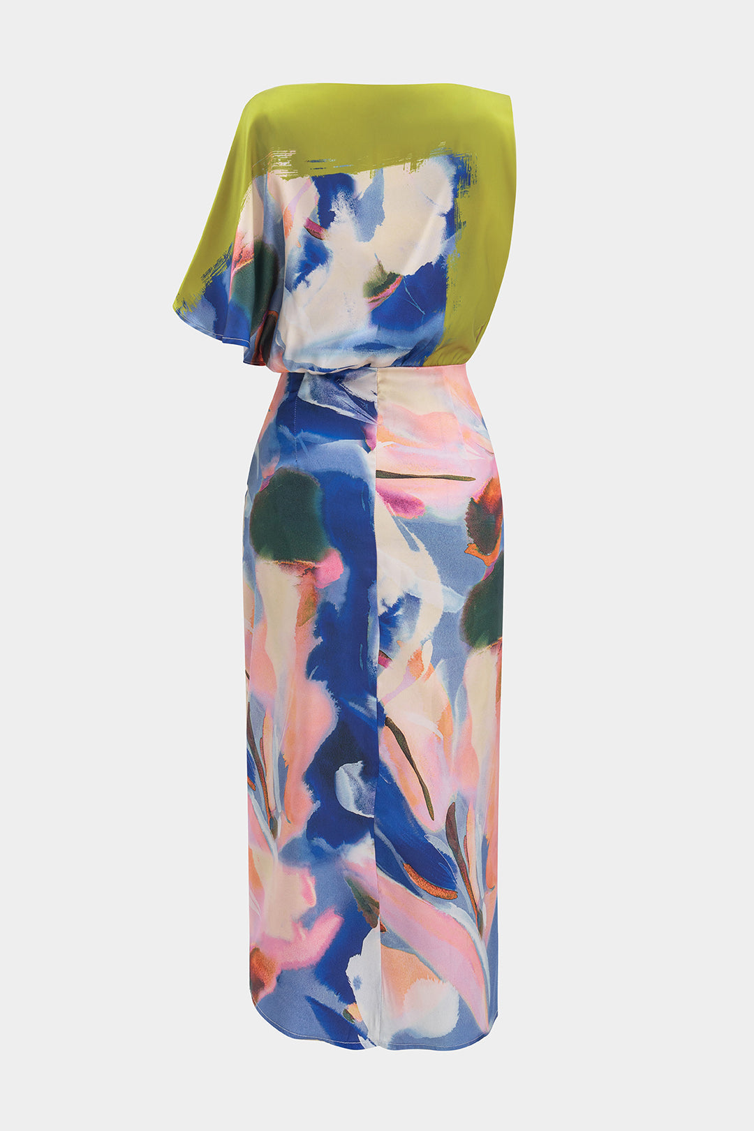 Abstract print satin asymmetric maxi dress with short sleeves