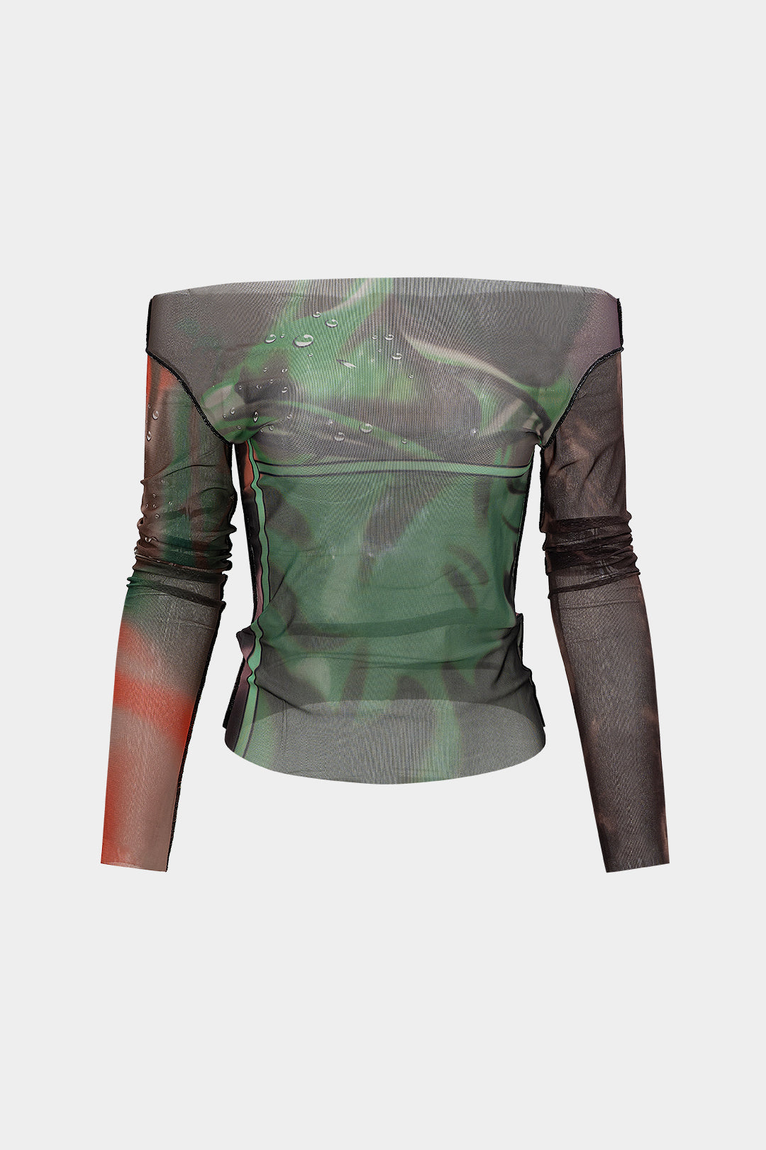 Summary Pattern Mesh Off Shoulder Long Sleeve Top