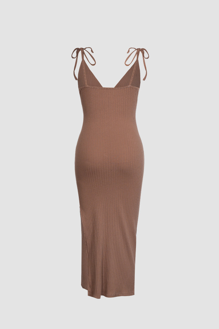Bow Strap Ribbed Slit Midi Dress