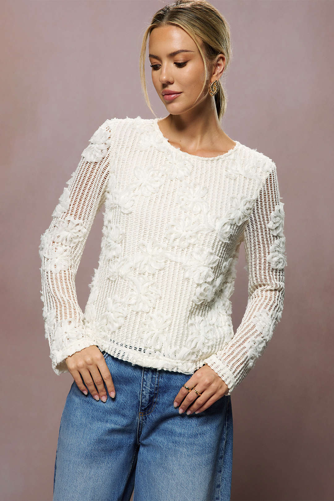 3D Floral Tie-Back Long-Sleeve Top