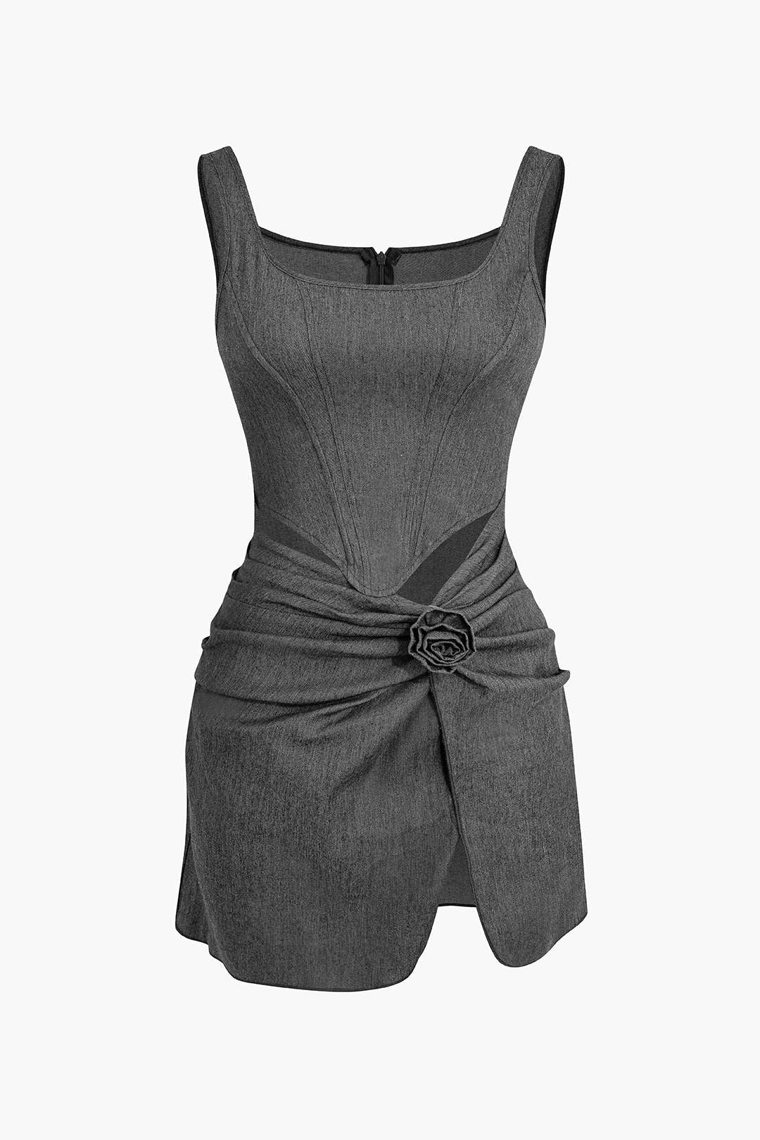 Denim tank dress with 3D flower and ruffles