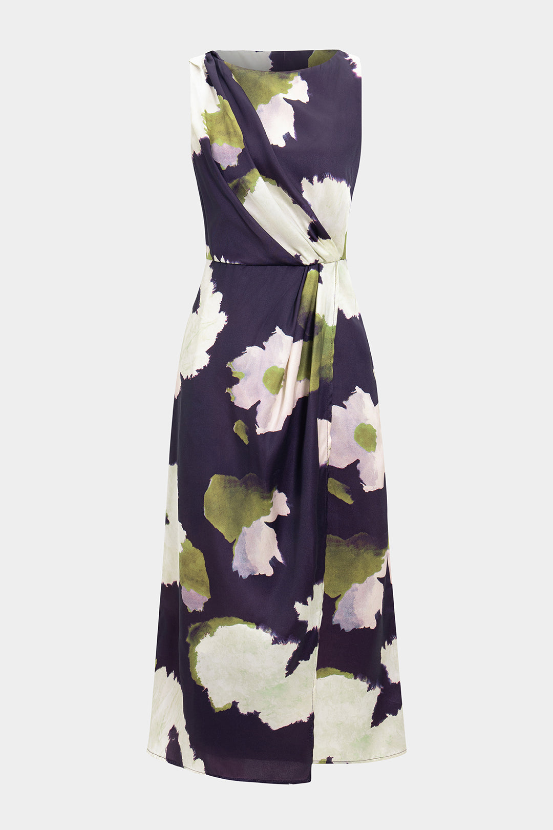 Abstract print satin ruffle sleeveless maxi dress
