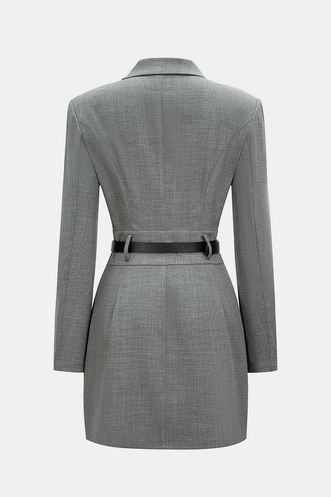 Asymmetrical Notched Lapel Belted Long Sleeve Mini Dress