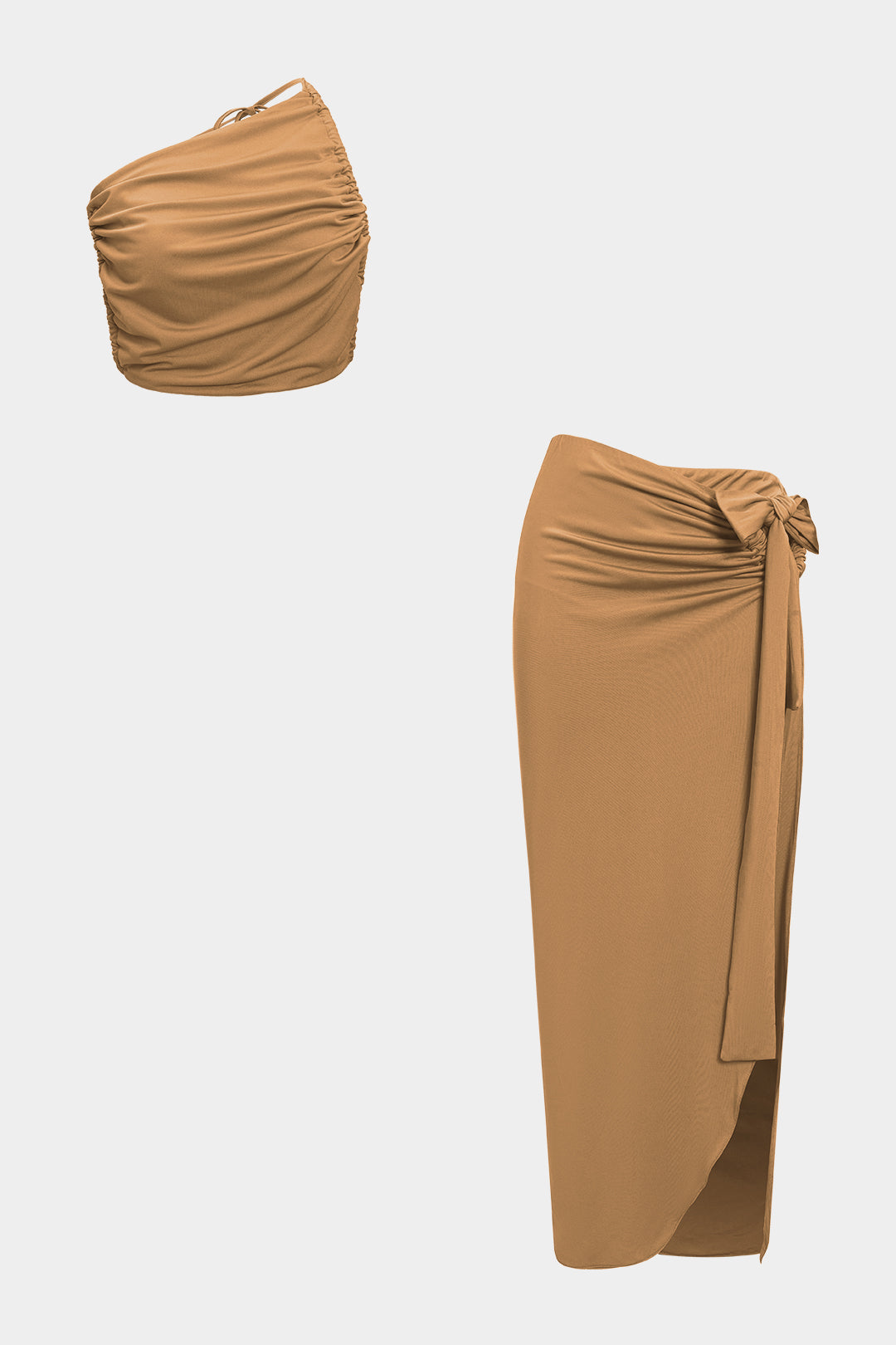 Asymmetric ruffle tank top and tie-up slit skirt set