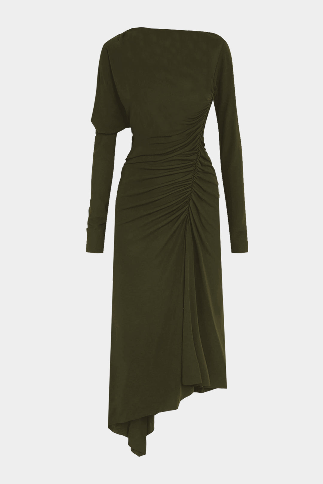 Asymmetrical Ruched Long Sleeve Midi Dress