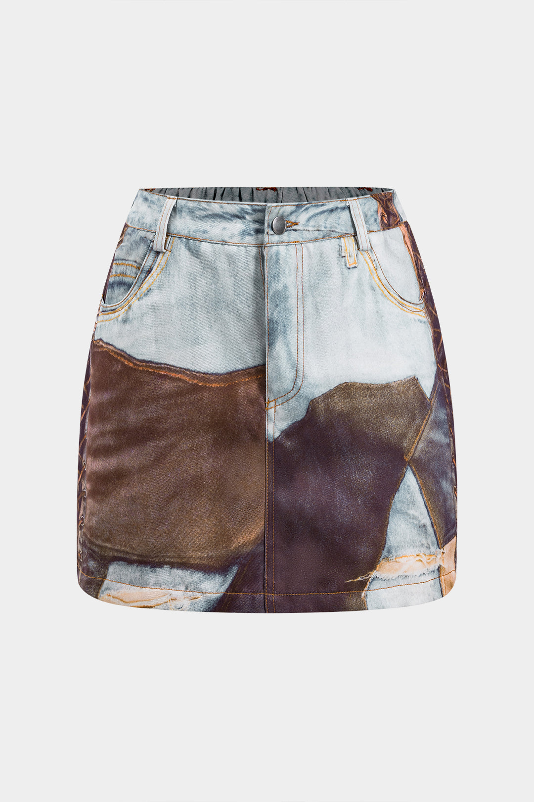 Abstract print ruffles button pocket skirt