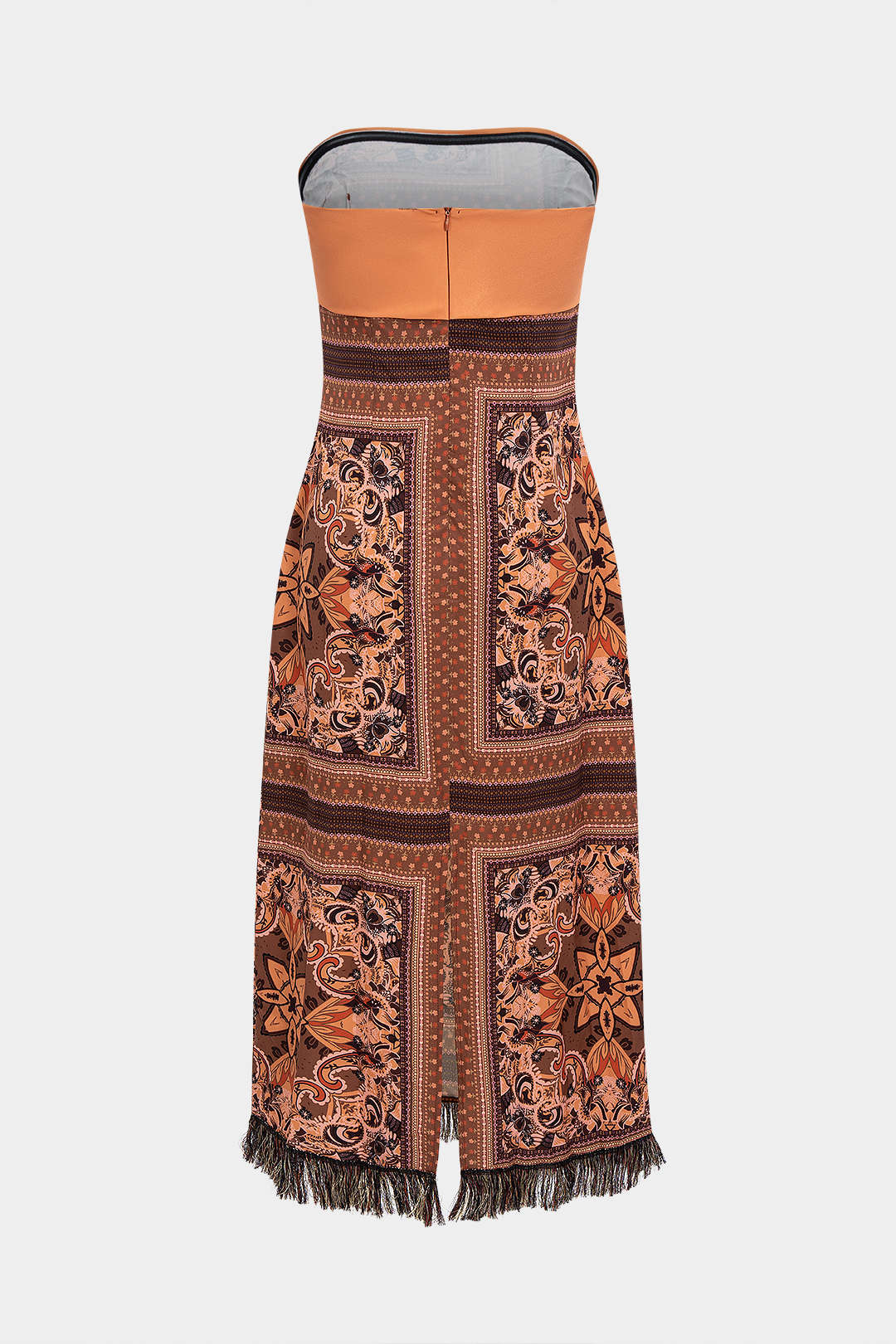 Bohemian Print Satin Fringe Trim Strapless Sleeveless Midi Dress