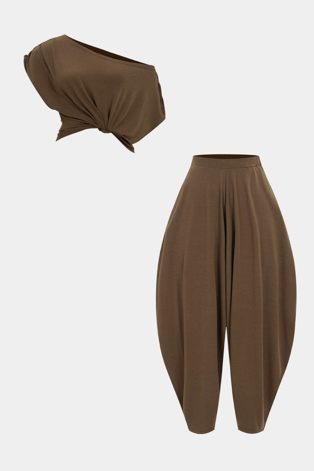 Asymmetric top and barrel trouser set