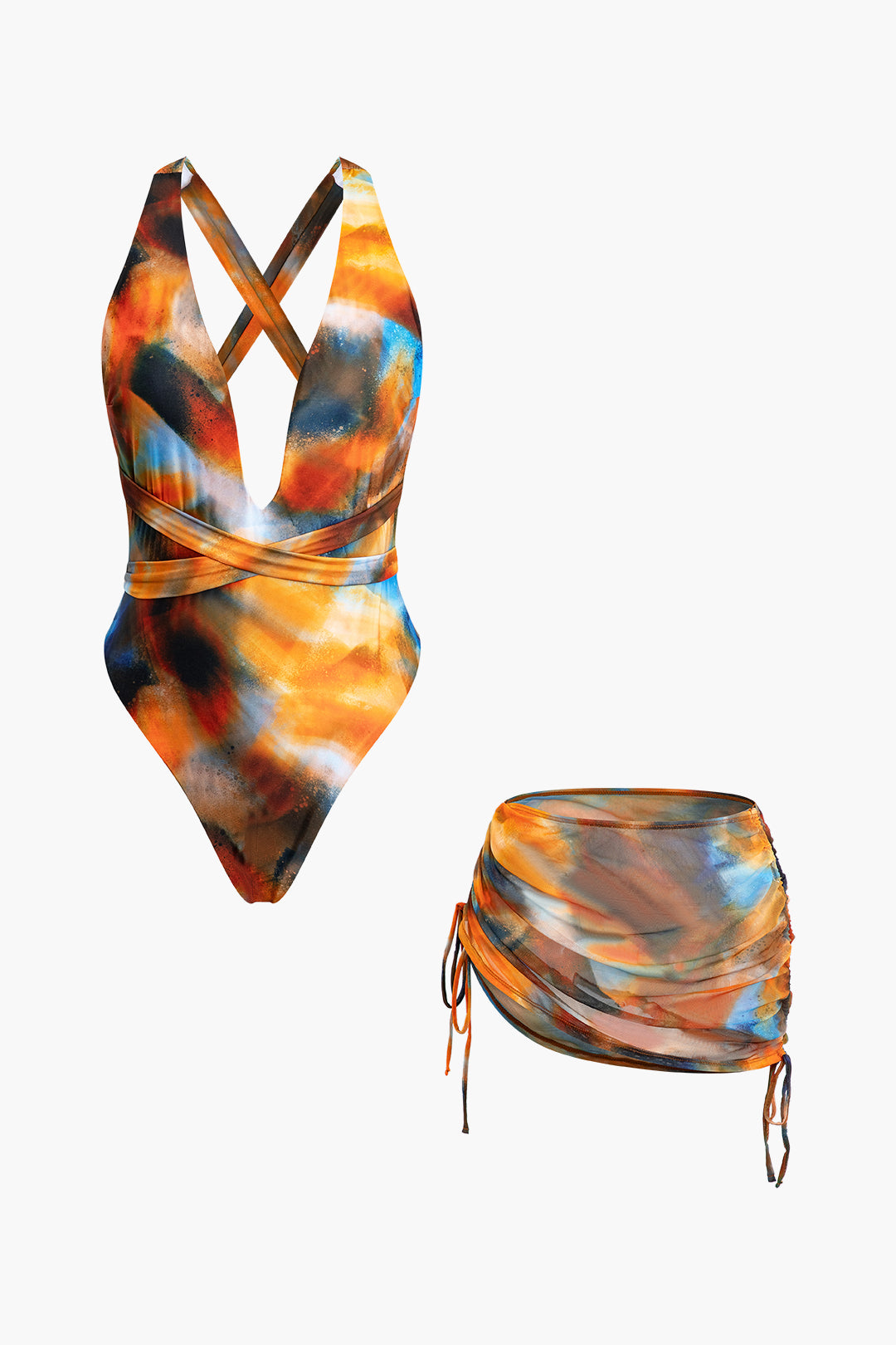 Abstract Print V-Neck Cross Back Tie-Down Swimsuit and Mesh Mini Sarong Skirt Set