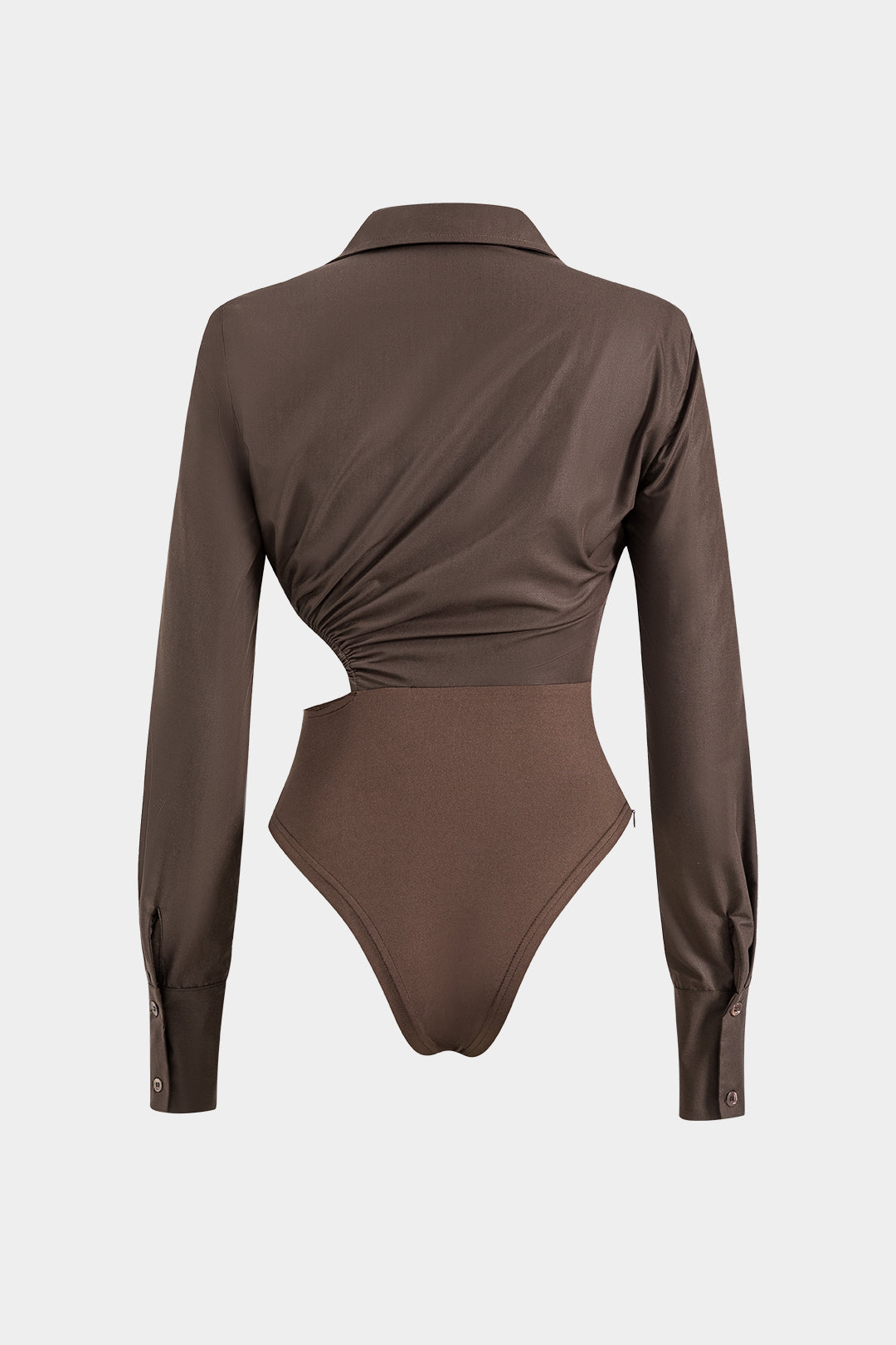 Asymmetric patchwork ruffled cut-out bodysuit with long sleeves