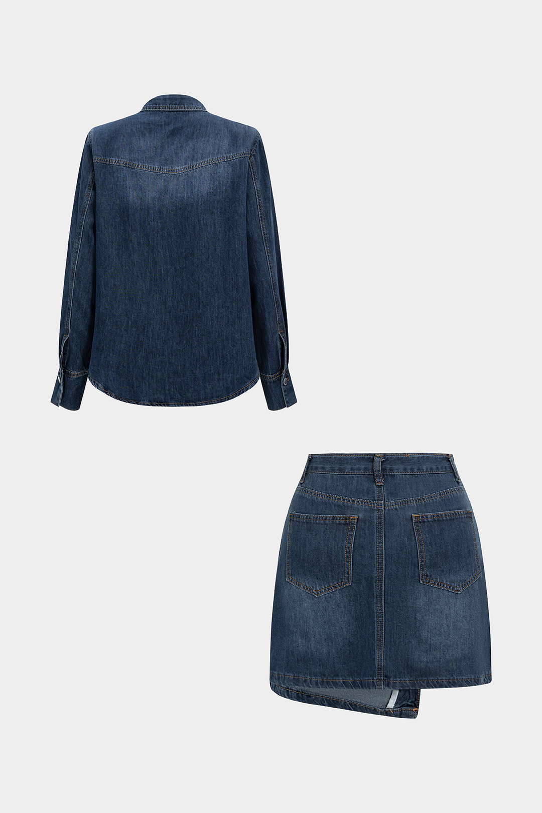 Denim Button Long-Sleeve Top And High Waist Mini Skirt Set